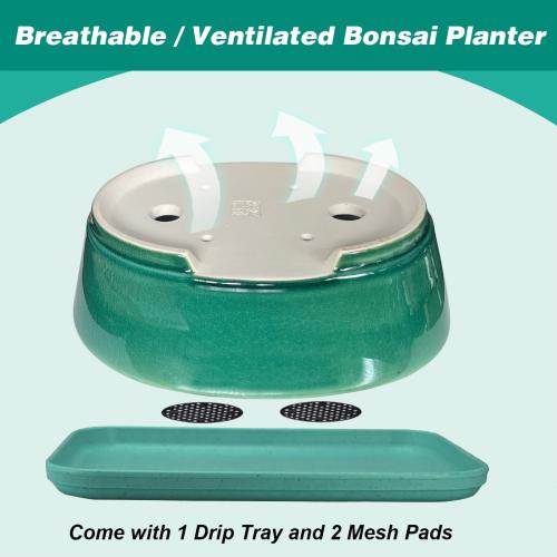 MUZHI 9” Glazed Oval Green Bonsai Planter Pot with Humidity Tray, Classic Neat Ice Crack Long Bonsai Tree Succulent Plant Pot with Saucer