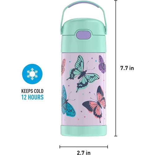 THERMOS FUNTAINER Water Bottle with Straw - 12 Ounce - Kids Stainless Steel Vacuum Insulated Water Bottle with Lid, Butterfly Frenzy