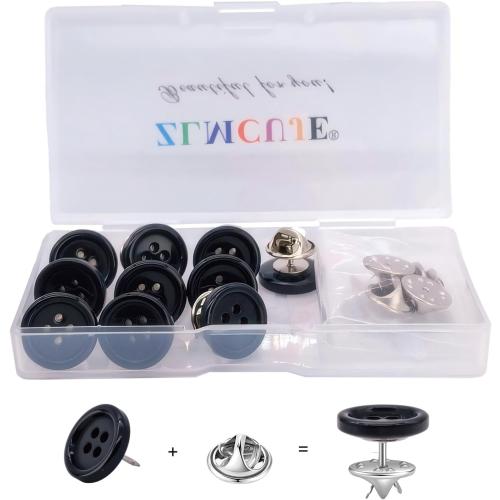 ZLMCUJE 10 Sets 15mm(3/5) 4-Hole Black Resin Button,Safety Pins,No Sewing,No Tool,Reusable for Clothes(Shirts,Cardigans,Pants,ect.) DIY Crafts