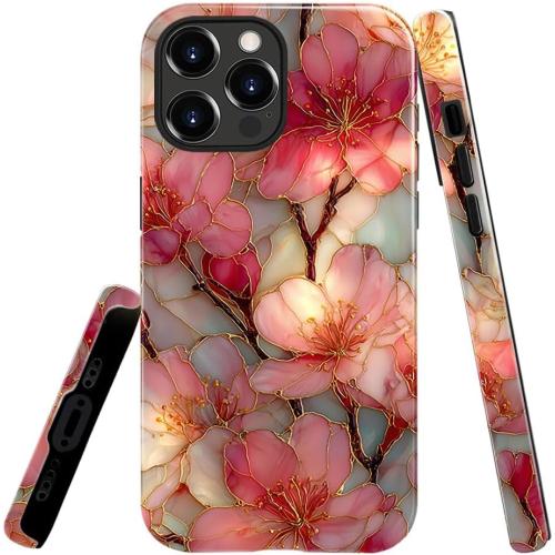 Compatible with iPhone 16 Pro Case,Glossy Case All-Round Protection Shockproof Anti-Scratches TPU Cover,Cases for Man Woman-Blossoms Pink Flower Stained Glass