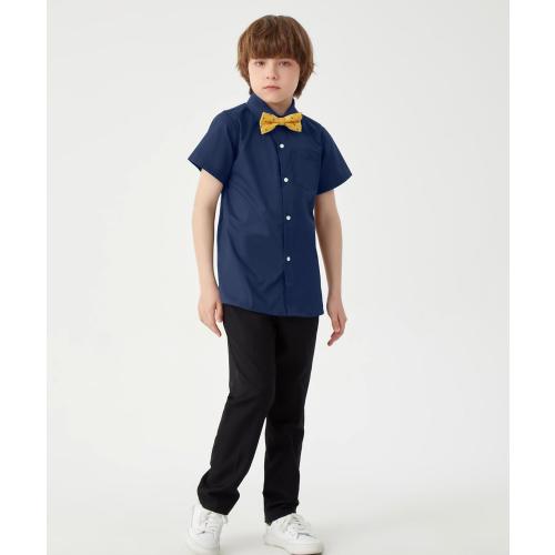 Size S....Boys Short Sleeve Dress Shirts Solid Poplin Soft Stretch Fabrics with Two Bow Tie Set