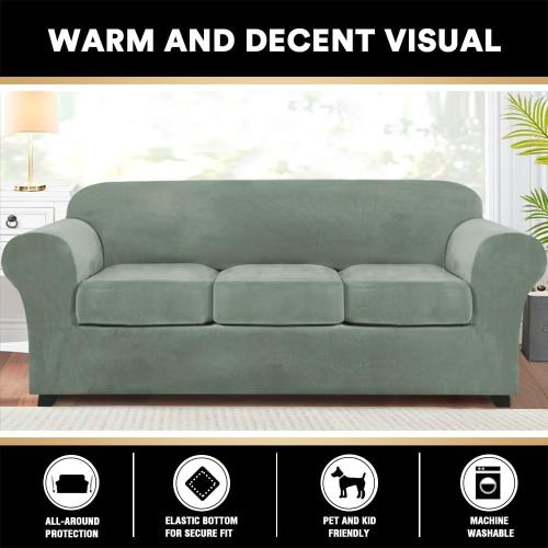 PrinceDeco Velvet Couch Covers for Sofa Soft 4 Pieces Couch Covers for 3 Cushion Couch Sofa Pet Friendly Furniture Protector with Non Slip Elastic Bottom Width Up to 90 Inch(Large, Seagrass)