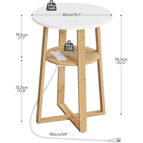 HOOBRO Round Side Table with Charging Station, Round Accent End Table with Bamboo Legs for Living Room, Bedroom, White and Natural YW101UBZ01