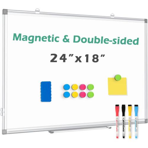 Double-Sided White Board 24x18 Dry Erase Magnetic for Wall | Smooth Writing Easy Clean, Magnetic Whiteboard for Wall, Double-Sided Dry Erase, Aluminum Frame, Home Office School