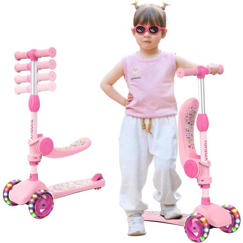 TONBUX Kids Scooter with Seat, 3 Wheels Scooter with PU Luminous Wheels, Non-Slip Handle and Wide Deck, Sensitive Brakes, 4-Level Adjustable Height, Scooters for Kids 2–8 Years