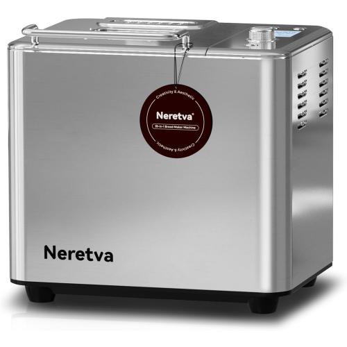 Neretva Bread Maker, 20-IN-1 2LB Bread Machine Dual Heater Bread Maker Machine Automatic with Nonstick Ceramic Pan, 15H Timer & 1H Keep Warm Set, Low Noise, Stainless Steel Breadmaker Recipe-Silver