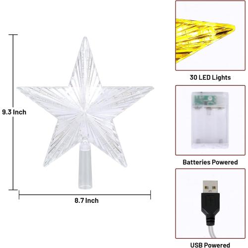 Christmas Tree Topper Star Warm White Light,Star Tree Topper for Christmas Tree Decoration Xmas Tree Topper with 30 LED Lights Battery and USB Powered 8.7 Inch