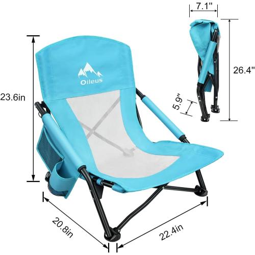 Oileus Low Beach Chair for Beach Tent/Shelter/Camping/Outdoor Ultralight Backpacking Folding Recliner Chairs with Cup Holder/Storage Bag, Carry Bag, Breeze Mesh Back, Compact Duty 2 Pcs