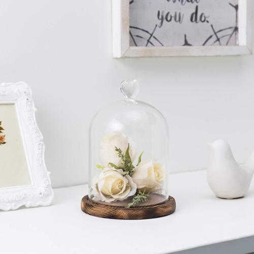 MyGift 6 Inch Small Clear Glass Cloche Bell Jar Display Case with Heart Top Handle and Dark Brown Wooden Base (5.6 x 7.6)