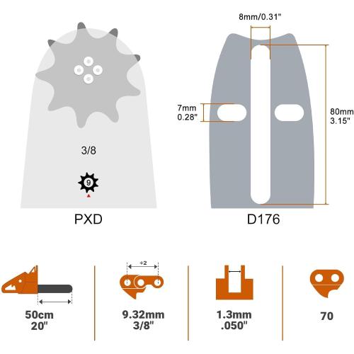 Savior 20 Inch Chainsaw Guide Bar and D70 Chain Combo, 3/8 Pitch .050 Gauge 70 Drive Links for Echo CS-590 CS-600 Poulan Pro Homelite McCulloch Replacement 200PXDD176, 27850 (Chain*2 Bar*1)