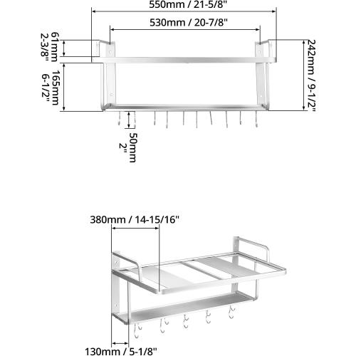 QWORK Microwave Oven Rack Shelf, Wall Mount Electric Oven Holders, Aluminum Double-Layer Microwave & Spice Rack, 2 Shelves with 10 Hooks, Support Load 88lbs, 21.65x15x9.84