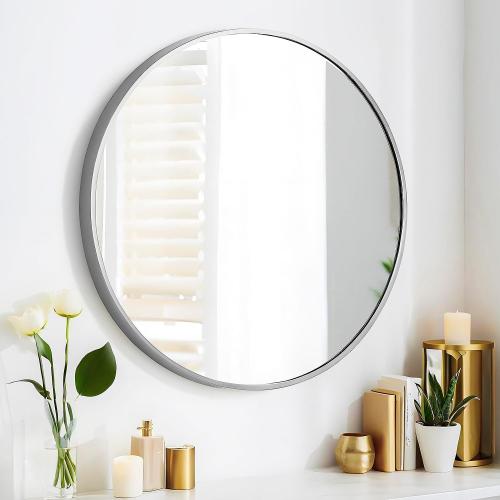 SCWF-GZ 24 Round Mirror Circle Wall Mounted Hanging or Against Wall Aluminum Alloy Metal Frame Dressing Make-up Mirrors for Entryway Bedroom Bathroom Living Room 24 inch Silver