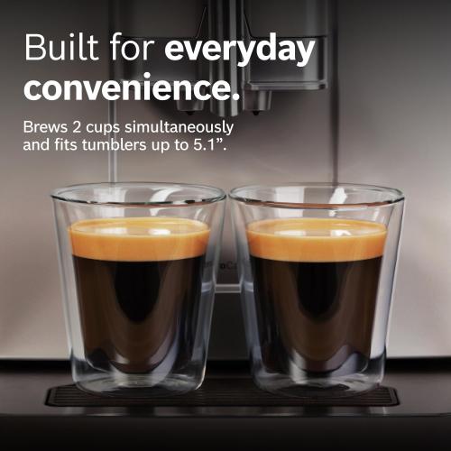 Bosch Fully Automatic Coffee and Espresso Machine - One-Touch Drinks, Barista Style, Double Cup Super Coffee Maker - Large Bean Capacity - Easy Clean, Maintenance - Silver- TIU20307