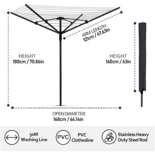 Umbrella Clothesline Outdoor, Rotary Retractable Clothes Line Outdoors Adjustable Height Drying Rack Clothing 4 Arms 12 Lines with 165 Feet Heavy Duty Outdoor Clothesline for Backyard
