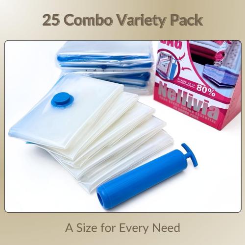 25 Pack Vacuum Storage Bags with Pump, Compression Space Saver for Comforter, Bedding, Blanket Storage, Vacuum Seal Bags for Clothing, Luggage and Closet Organizer