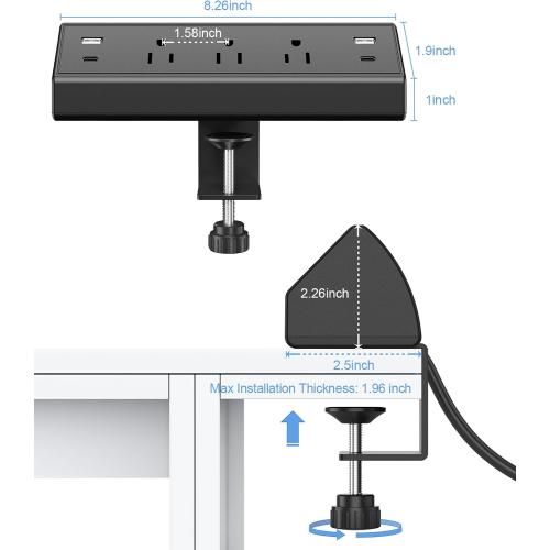 Jgstkcity Desk Clamp Power Strip,40W Total Fast Charging Station,2 PD 20W USB C Ports,Desk Edge Mount Surge Protector for Home, Office,3 Outlets,Fit 1.96 Tabletop Edge,ETL Listed