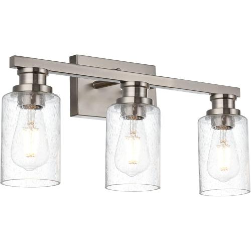 VINLUZ Bathroom Lighting Fixture in Brushed Nickel Finish,3 Light Wall Mounted Light with Seeded Glass Shade Indoor Metal Base Vanity Lights for Porch Workshop