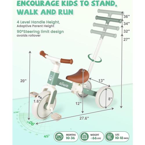 aiwo 5in1 Tricycle for Toddlers 1-3, Toddler Balance Bike for 1 to 4 Year Old Kids Boys Girls First Gift, Ride-on Toys Toddler Bike with Push Handle (Steering)