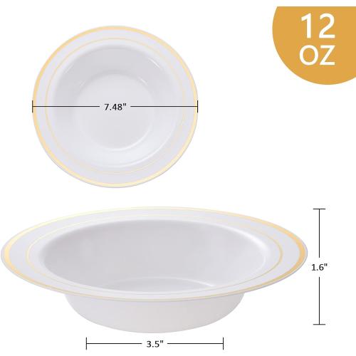 N9R 60PCS Disposable Plastic Bowls with Gold Rim, 12 oz Fancy White Plastic Bowls, Premium Dessert Salad Bowls Perfect for Party, Wedding and Everyday Use