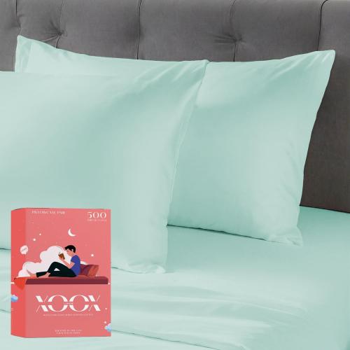 XOOX Linen 500 TC Cotton Pillow Cases King Size Set of 2, 100% Egyptian Cotton Pillowcases, Soft, Cooling & Breathable, Sateen Weave Hotel Pillow Covers for Sleeping - Sea Foam