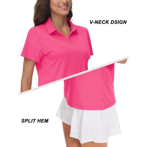Zhenwei, Pink, Medium, Women's V-Neck Polo Shirts UPF 50  Short Sleeve Sun Protection Quick Dry Golf Polos Collared Shirt