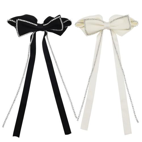 2 PACK Hair Bows Sparkly Rhinestone Tassel Hair Clips Barrettes Bowknot with Long Brocade Tassel Ribbon Claw Hair Accessories for Women and Girls (Black and White)