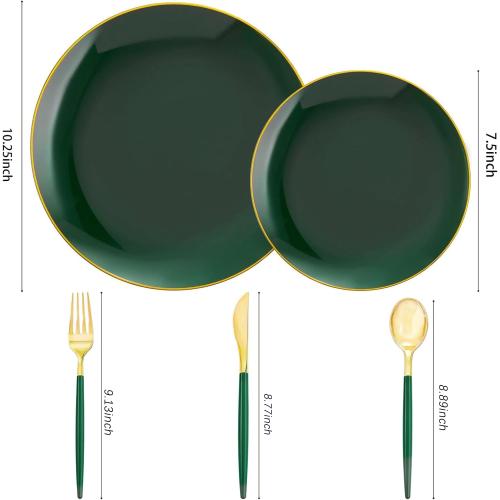Liacere 150PCS Green Plastic Plates - Gold Plastic Silverware with Green Handle - Heavy Duty Fancy Plastic Plates Disposable Include 30 Guests Plates, Forks, Spoons, Knives for St. Patrick's Day