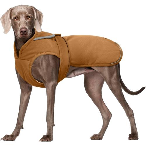 Kuoser Canvas Dog Coat, Warm Dog Jacket Reflective Fleece Pet Cold Weather Coat, Warm Doggie Clothes Waterproof Winter Vest with Zipper Leash Hole for Small Medium Large Dogs, Brown L