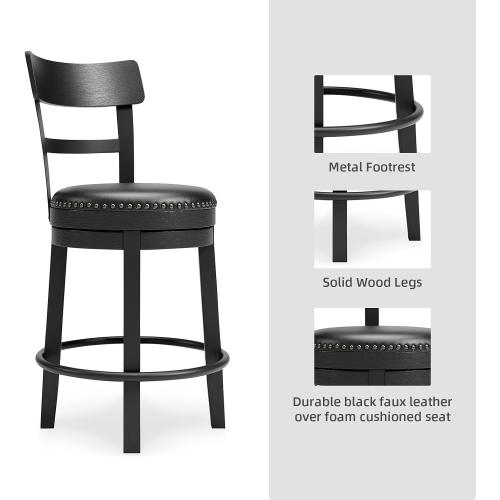 Signature Design by Ashley Valebeck Faux Leather Upholstered Swivel Barstool, Nailhead Trim, Solid Wood, 16.75 W x 19.75 D x 37.25 H, Antique Black