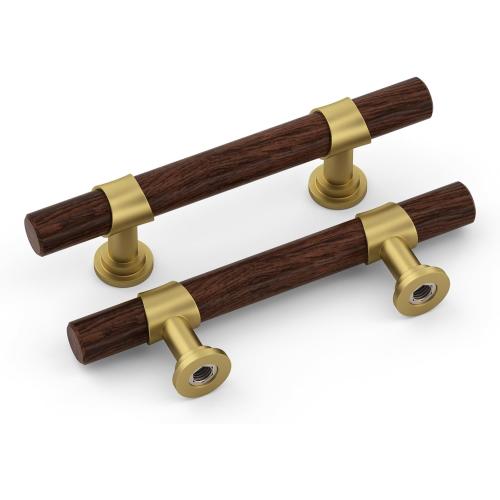homdiy 10 Pack Gold Cabinet Handles 3 Inch Hole Centers Walnut Wood Grain Metal Drawer Pulls for Dresser Cupboard