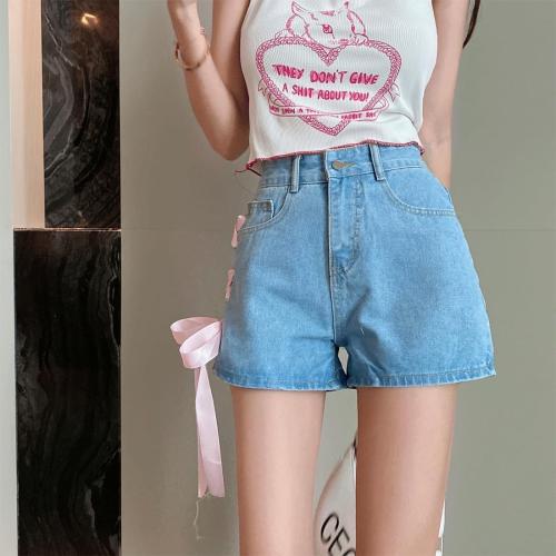 Size M...Y2K Clothes Casual High Waisted Wide Leg A-Line Vintage Pink Ribbon Trim Denim Shorts for Women