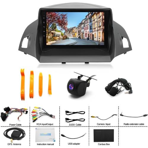 Car Radio Stereo Fit for Ford Escape 2013 2014 2015 2016 2017 2018 2019, 9 Touch Screen Car Radio Receiver with Carplay Android Auto w/WiFi GPS Navigation Bluetooth FM SWC Backup Camera - 2 32G