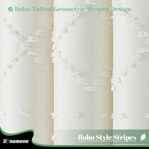Dynamene Extra Long Shower Curtains, 84 Inches Long Boho Tufted Geometric Striped Fabric Shower Curtains for Bathroom, Tall Shabby Chic Waterproof Cloth Shower Curtain Set with Hooks, Cream, 72x84