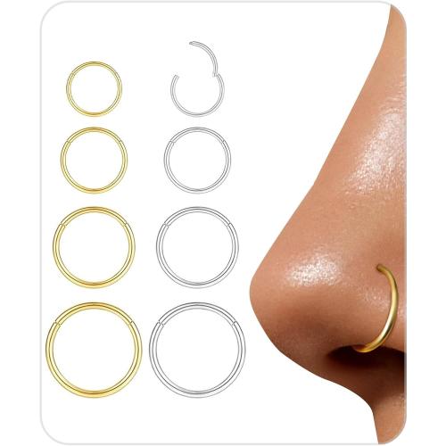 Hypoallergenic Nose Rings Hoops Set, 8PCS 18G 316L Surgical Stainless Steel | Gold and silver styles with 6-12mm sizes, hinged clicker design for comfortable septum, nose and everyday piercing wear