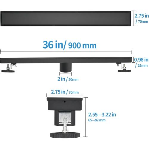 Linear Shower Drain ，with Tile Insert Panels ，36 Inch Black 304 Stainless Steel Rectangle Shower Floor Drain，with Hair Catcher, Adjustable Feet，Fits Bathroom, Balcony