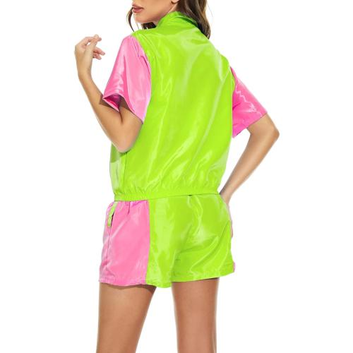 Size XL Yisfri Women's Color Block Windbreaker 2 Piece Outfits Short Sleeve Zip Front Elastic Waist Tracksuit Set