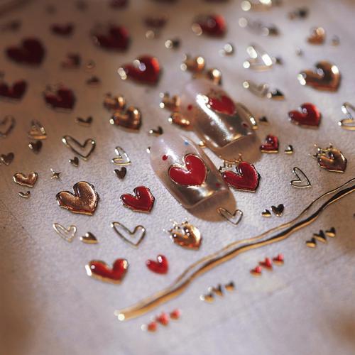 5D Embossed Heart Nail Stickers for Art - Gold Red Self-Adhesive Valentine's Day Decals - Golden Design for Women - Nail Supplies Decorations Accessories