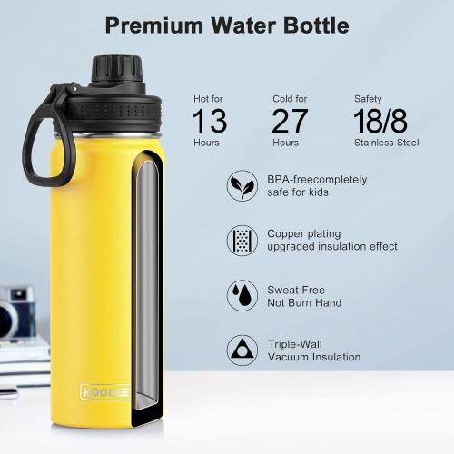 Color Yellow koodee Insulated Water Bottle, 22 oz Stainless Steel Double Wall Vacuum Wide Mouth Sport Bottle with Leakproof Spout Lid (Yellow)