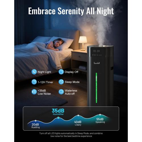 Cool and Warm Mist Humidifier Large Room, 5.3Gal/20L Humidifiers for Home 2000 sq ft, Whole House Humidifiers with Diffuser Extended Tube, Air Humidifier for Bedroom Nursery Baby Plants Black