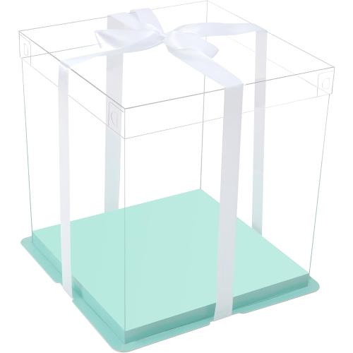 XININSUN 14x14x12inch clear cake box with ribbon,12inch14inch tall cake boxes for tiered cakes,layer cake carrier,disposable cake containers,ideal for wedding birthday party and gift display-Green
