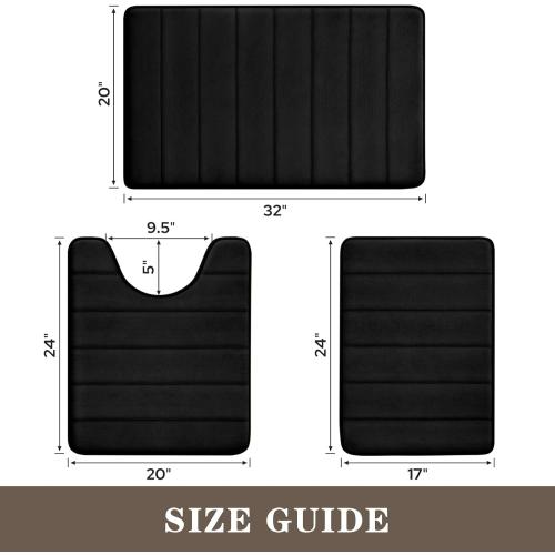 BYSURE Black Memory Foam Bathroom Rug Set 3 Piece, Non Slip Extra Soft Absorbent Washable & Dry Toilet Bath Mat Sets
