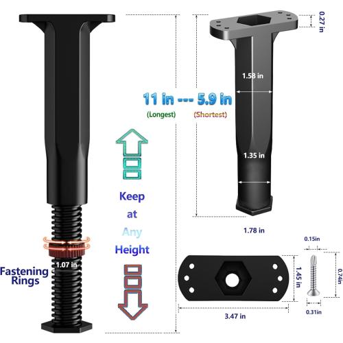 Set of 4PC Color Black Bed Frame Support Legs Stabilizer Replacement Universal Slat Reinforcement 5.9-11 inch Black