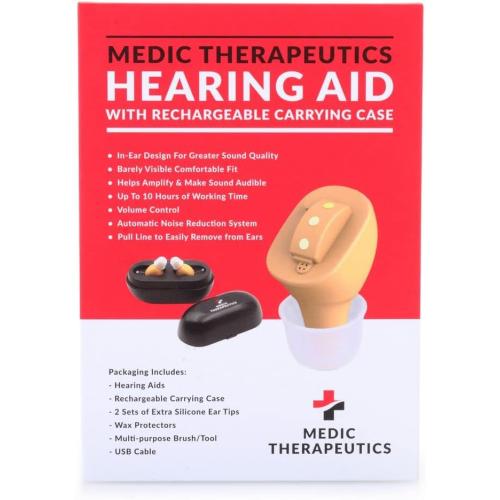 Hearing Aid w/Rechargeable Carrying Case & Extra Ear Tips (Beige)