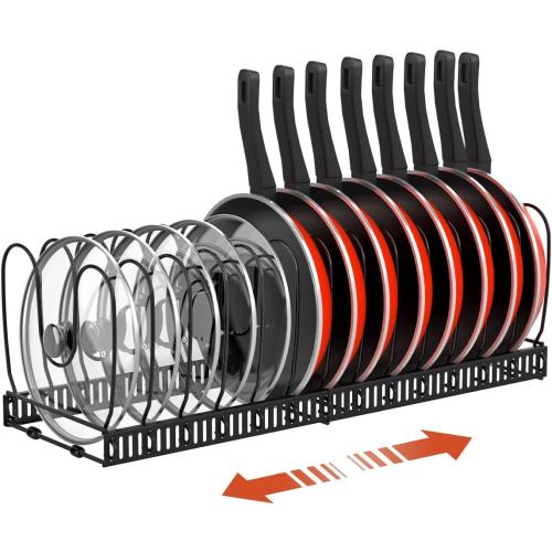 Housolution Pot and Pan Organizer Rack for Cabinet, Expandable Pot Lid Organizer Holder with 14 Adjustable Dividers, Fully Expanded Size 22.83 W x 7.09 D x 7.09 H, Black