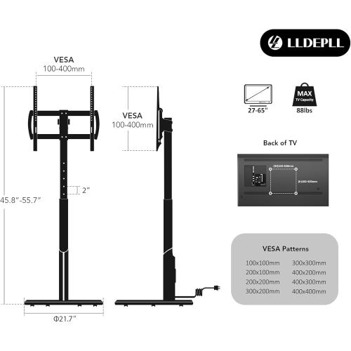 Size 27-65 Inch Floor Mobile TV Stand with Power Outlet, Rolling TV Cart for 27-65 Inch OLED LED Monitors, 6 Levels of Height Adjustment, Ambient Lighting on The Bottom Wheels Holds up to 88lbs, 400x400mm