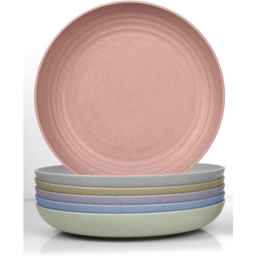 JSYMJSY Wheat Straw Deep Plate, 9 Unbreakable Reusable Plastic Plate Set of 6, Thicker & Lightweight for Kitchen | Party | Camping | Picnic | RV, Dishwasher Safe, Multicolor