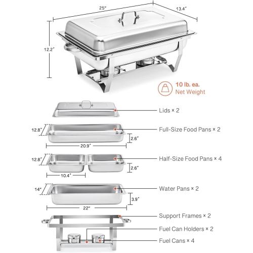 WILPREP Chafing Dish Buffet Set, 2 Pack 8 qt Chafers for Catering with 2 Full & 4 Half Size Pans Lids Foldable Frames Fuel Holders, Stainless Steel Food Warmers for Parties Buffets Banquets Dinners