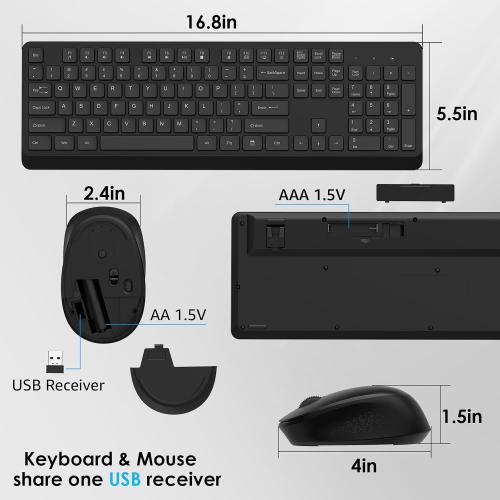 BKA BYA Wireless Keyboard and Mouse Combo,Full Size Quiet Keyboard and Mouse, 2.4GHz USB Receiver, Cordless Silent Keyboard and Mouse for PC, Windows, MAC, Laptop, Black