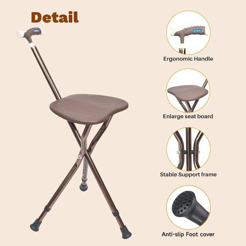 Color Brown UNLICON-Brown Folding Cane Stool with Seat – Lightweight Adjustable Walking Cane for Seniors, Ergonomic Design, 330 lbs Capacity, Portable and Convenient Cane Chair with Anti-Slip Feet