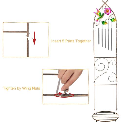 Garden Trellis with Plant Stands, 48” Metal Detachable Hummingbird Plant Pot Trellis with Wind Chimes for Climbing Plants Outdoor Lawn Patio Porches Decor
